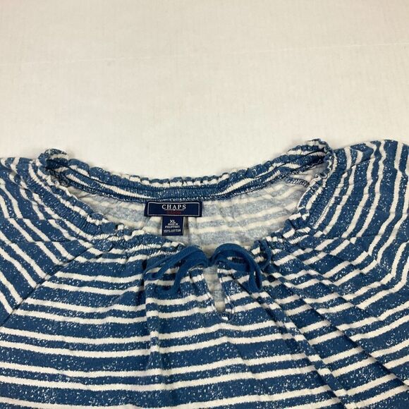 Chaps Womens Cotton Peasant Top Blue Ivory Stripe Short Sleeve Neck Tie Shirt XL - Picture 3 of 10